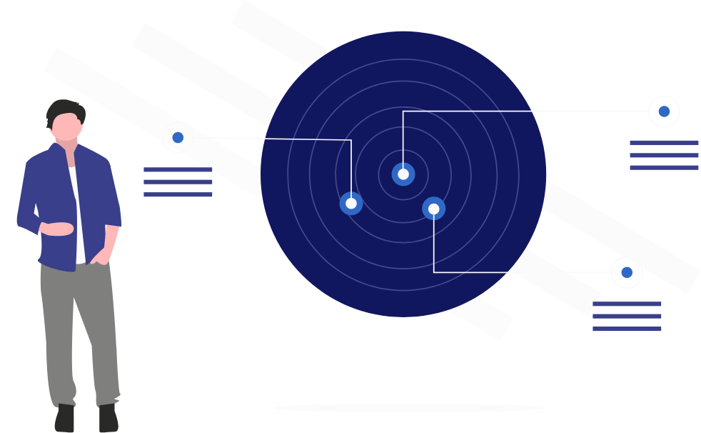 Simple illustration of a faceless man with dark hair, grey pants, white shirt, and blue jacket beside a dark blue circle that looks like a target with 3 small blue circles inside and lines going out from them denoting text.